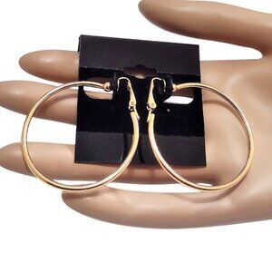 1 5/8" Plain Hoops Clip On Earrings 41mm Gold Plated 2mm Tube Round Smooth